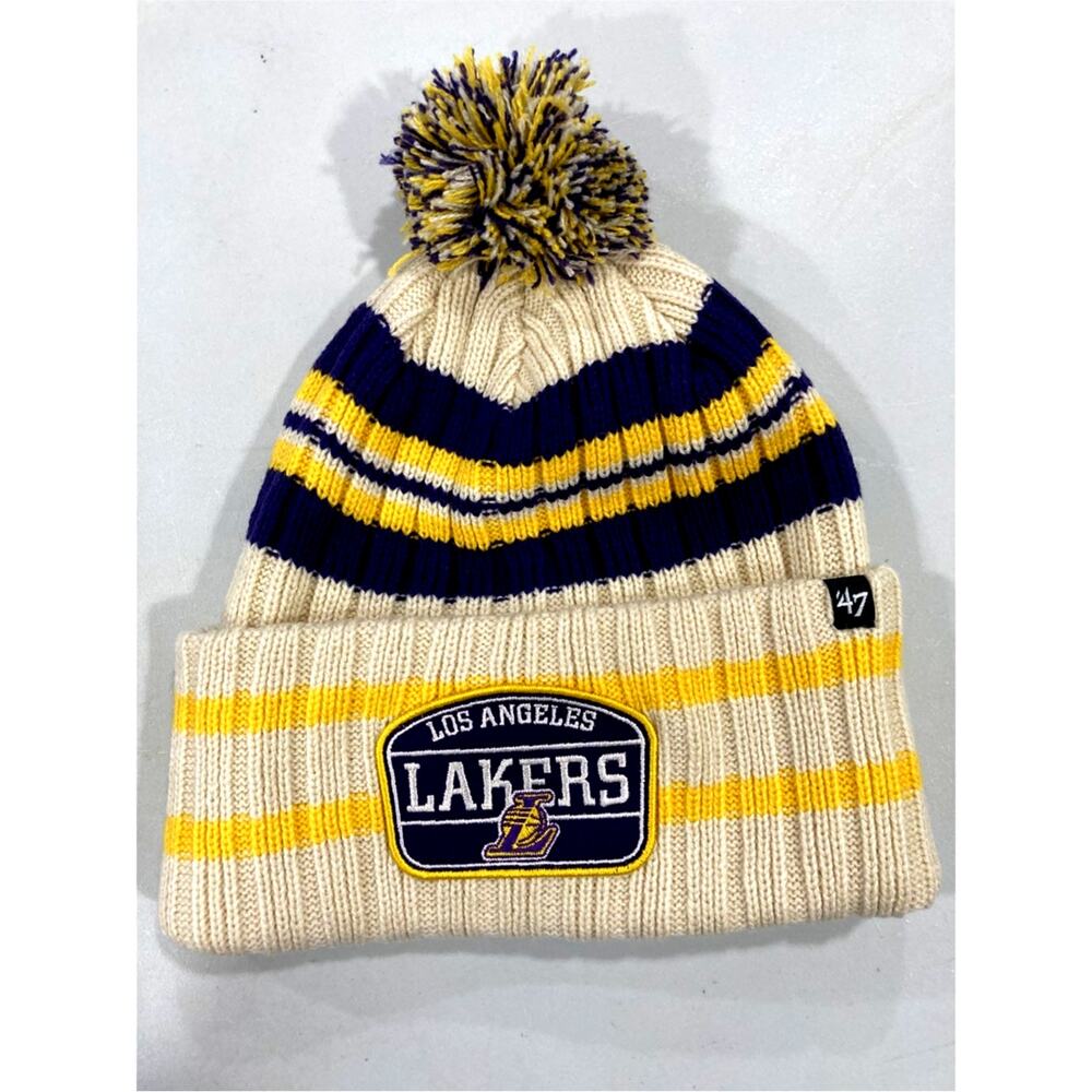 NBA Los Angeles Lakers Beanie Cap w/ Pom Logo Knit Cuff New Stripe Patch  Unisex